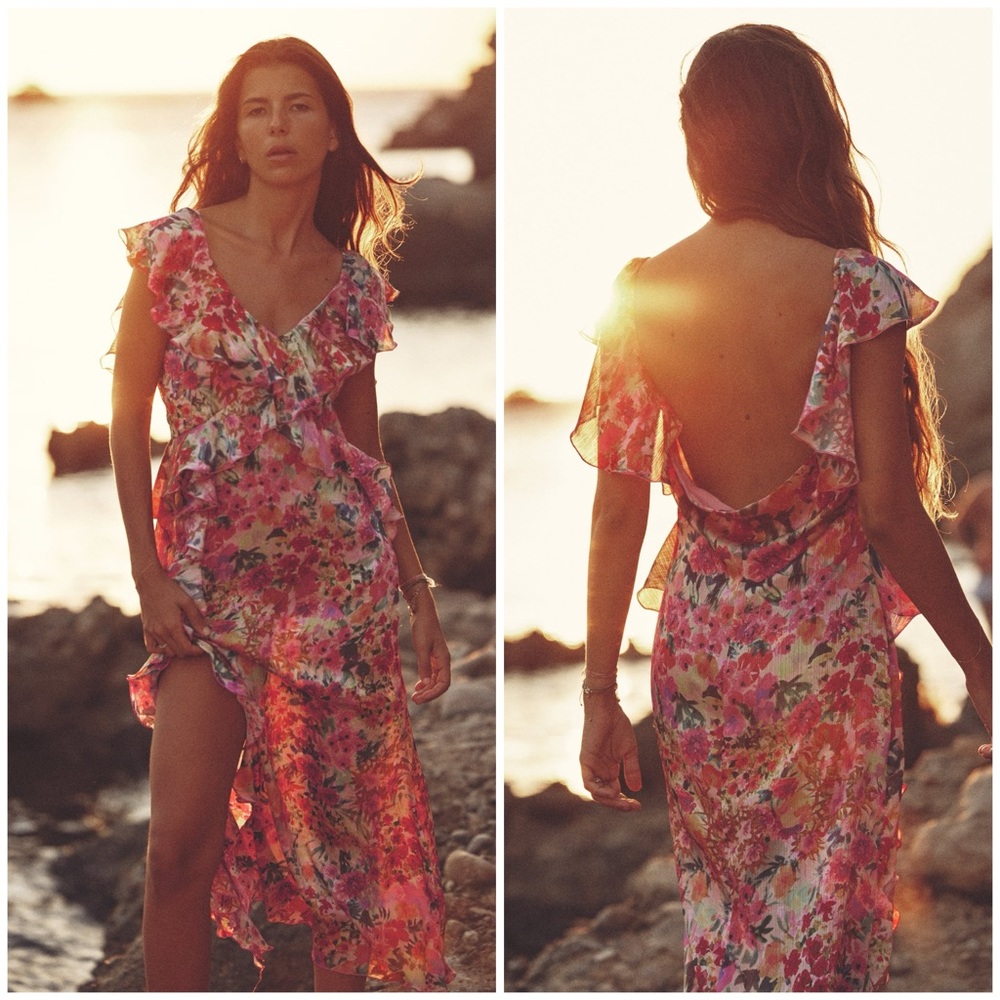 Zara Floral Pink Orange Midi Dress